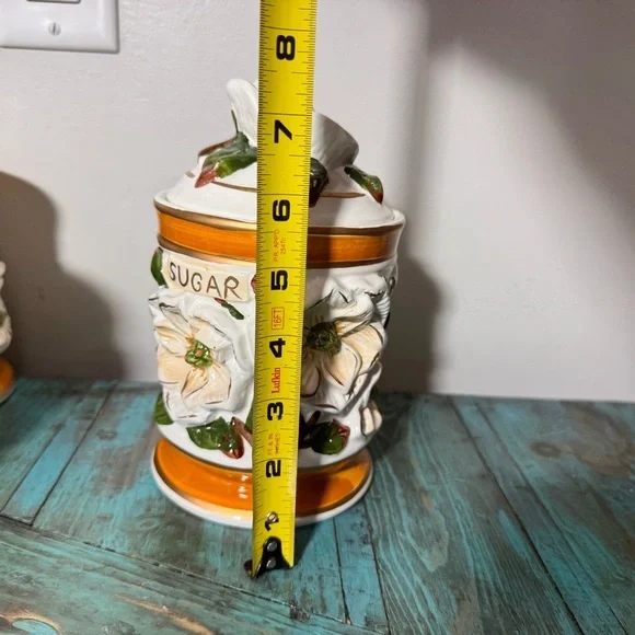 Vintage Floral Ceramic Canister Set-3-D Floral Design Coffee Tea Sugar - Picture 10 of 14